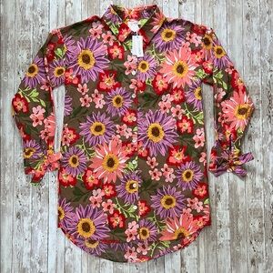 Stitchdrop Shirt Dress sz Medium Floral Long Sleeve Button Down Cotton Bow Cuffs